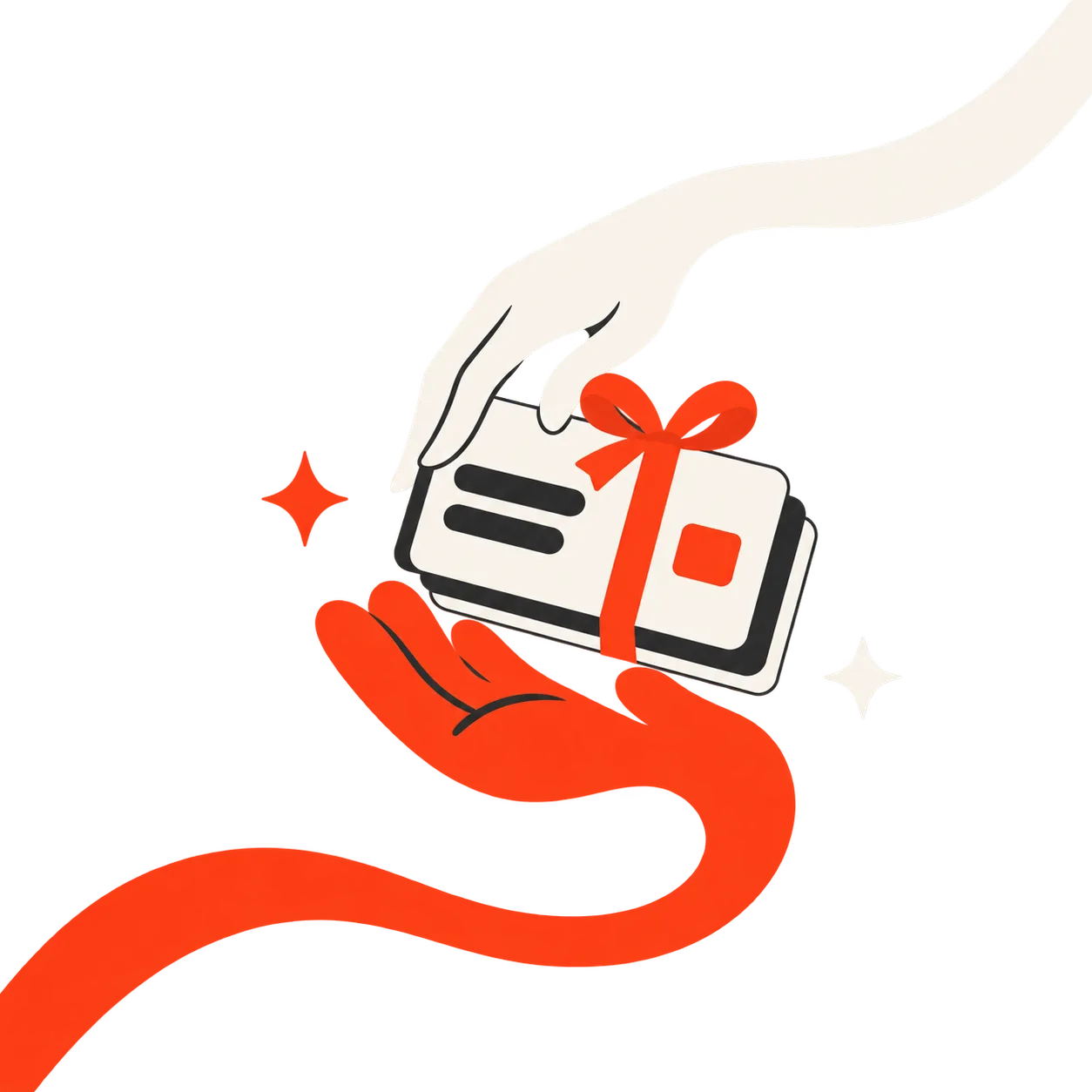 Illustration: one hand passing a ribboned slide to another