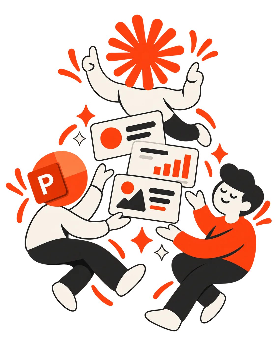 Illustration: a team gathered around finished slides and the PowerPoint logo