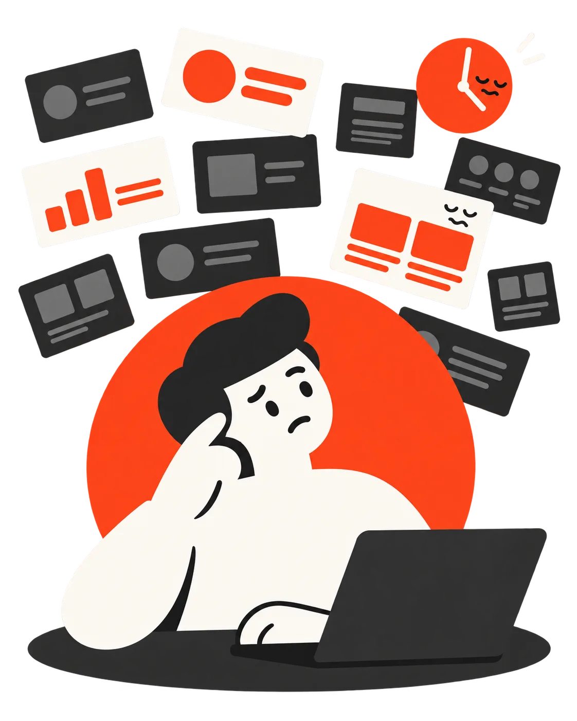 Illustration: a frustrated person at a laptop, surrounded by mismatched slides