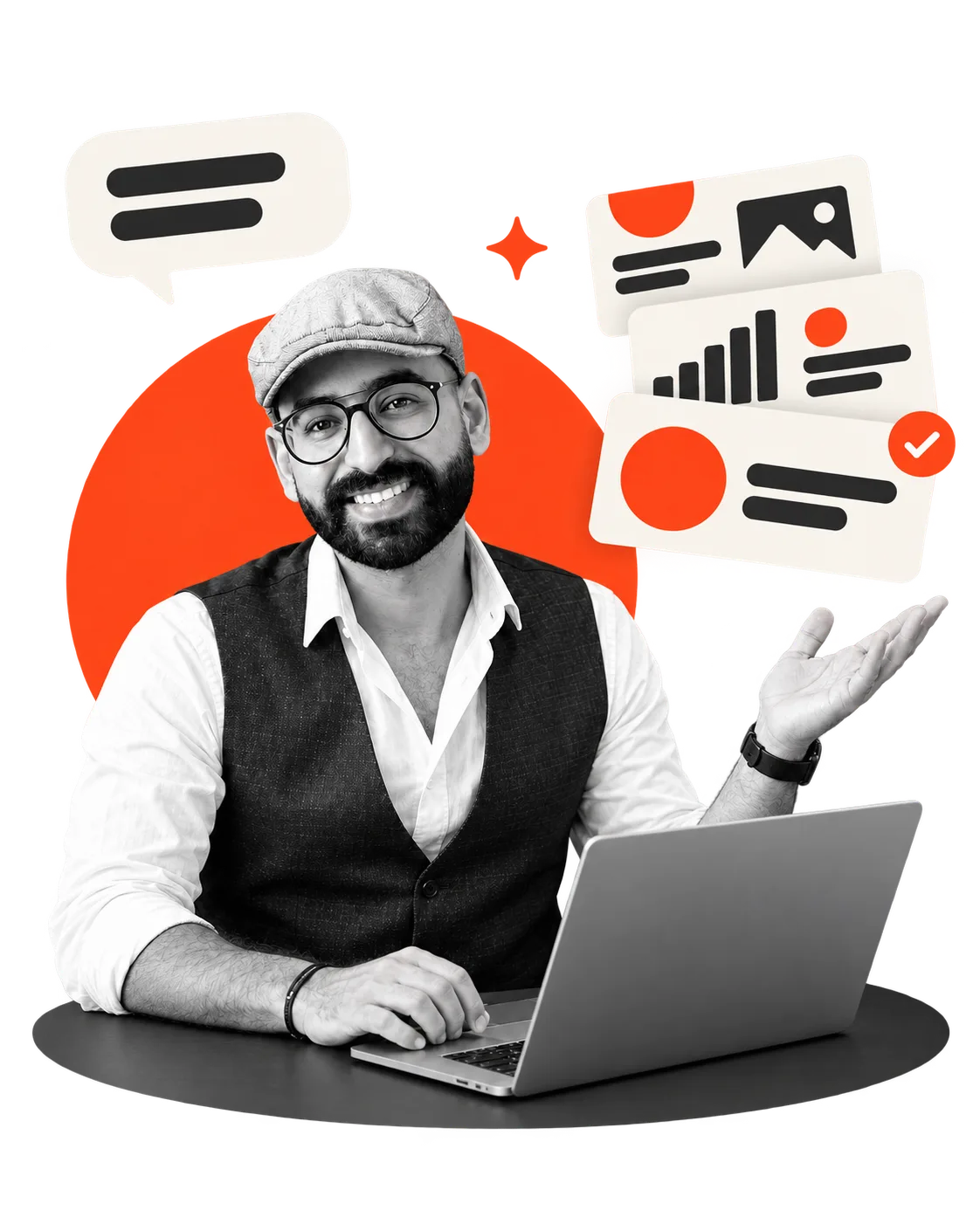 Mahmoud D. at a laptop, finished on-brand slides floating above his hand